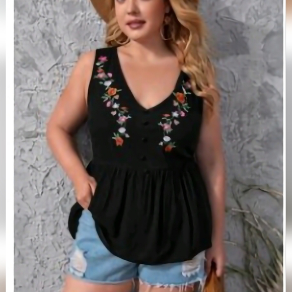 SHEIN Tops - SHEIN Women's Floral Embroidery Ruffle Hem Tank Top  NWOT
